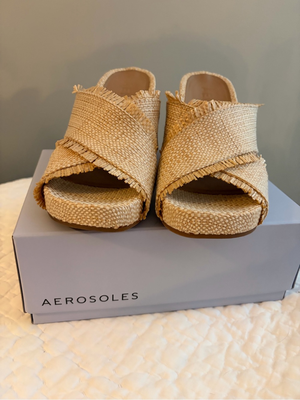 AEROSOLES Tan Woven Fringe Crisscross Slide Sandals